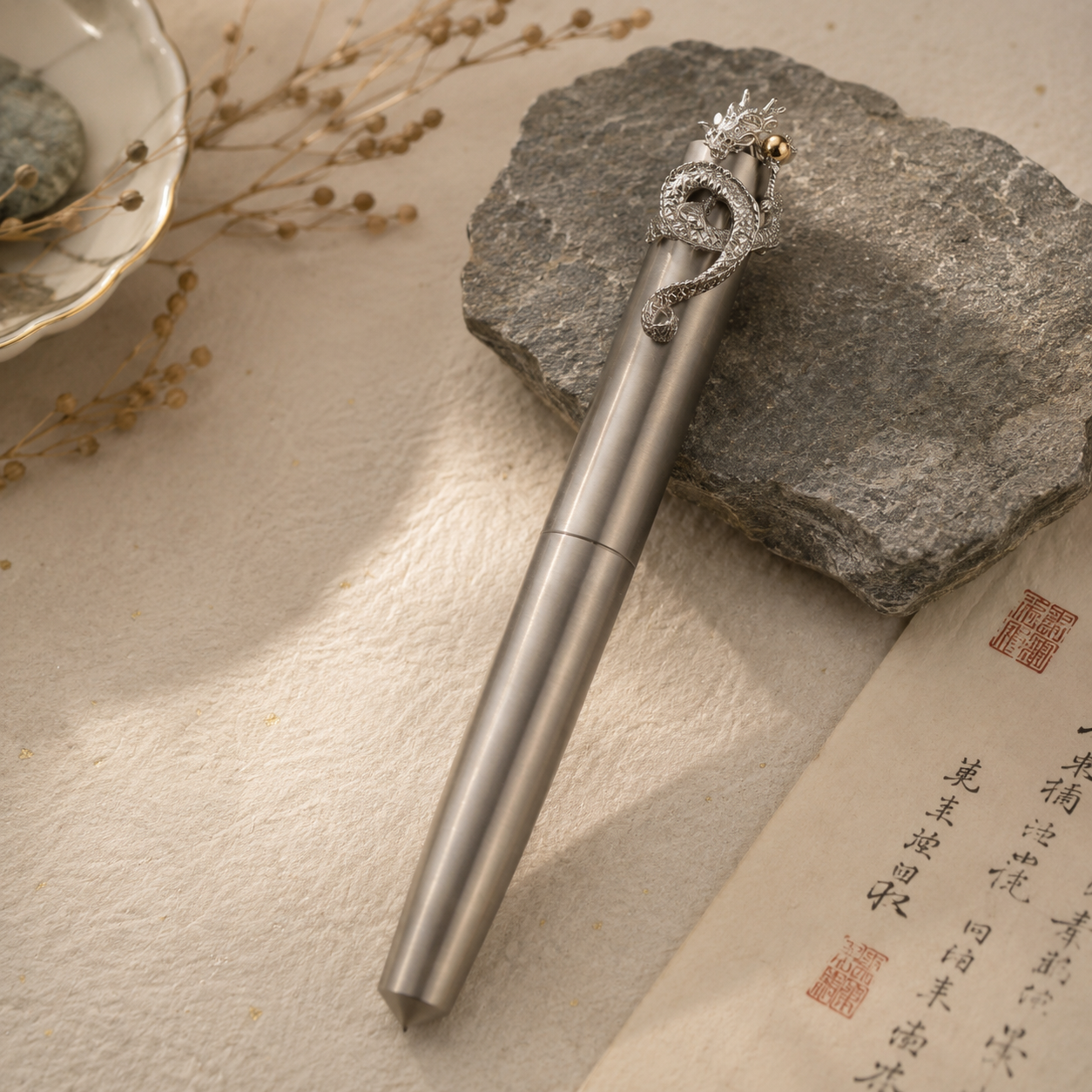 Nakaya Titanium Piccolo with Sterling Silver Dragon Stopper