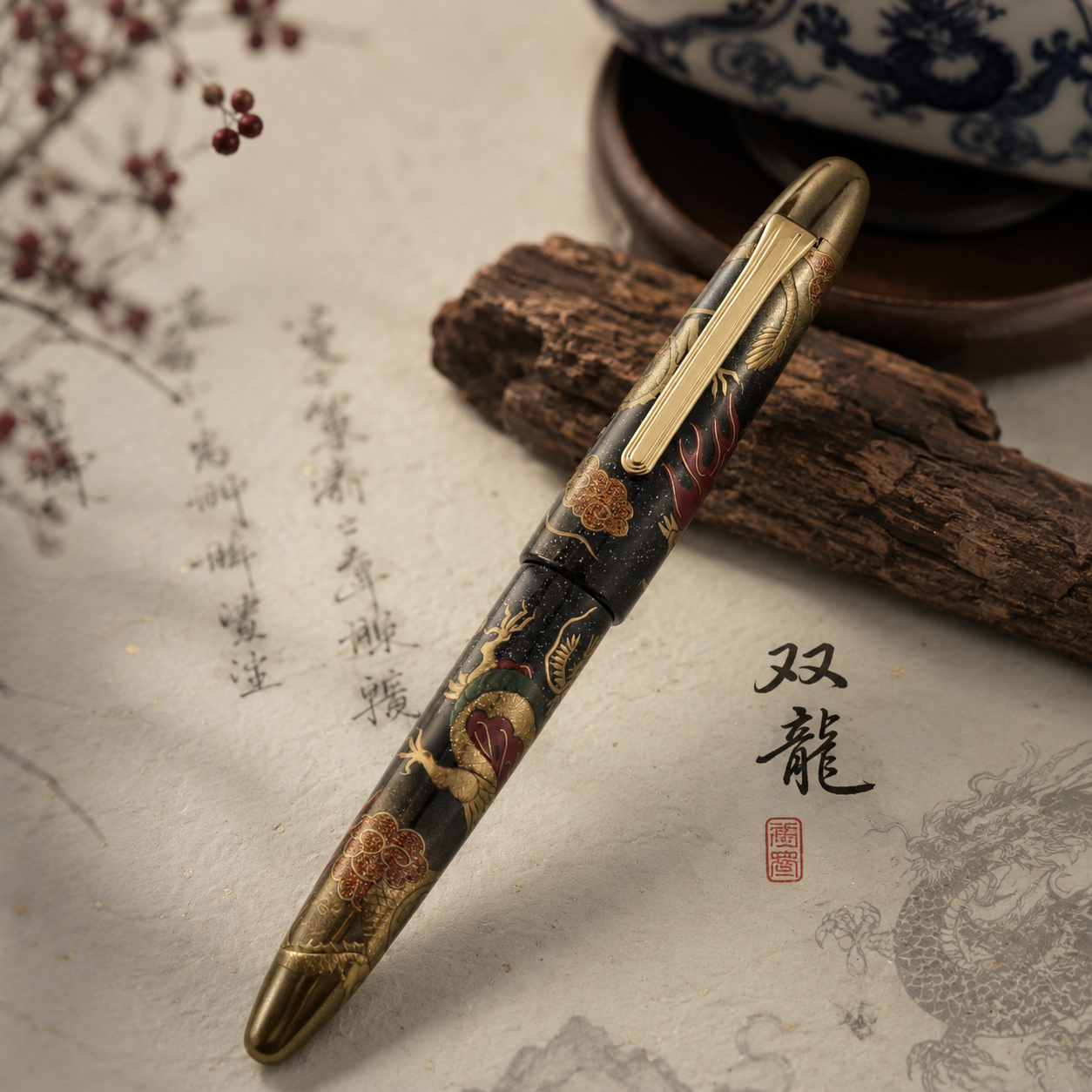 Sailor Maki-e Twin Dragons and Flaming Pearl Fountain Pen
